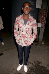 Tinie Tempah sporting florals at Casley-Hayford Show (photo by Rex)