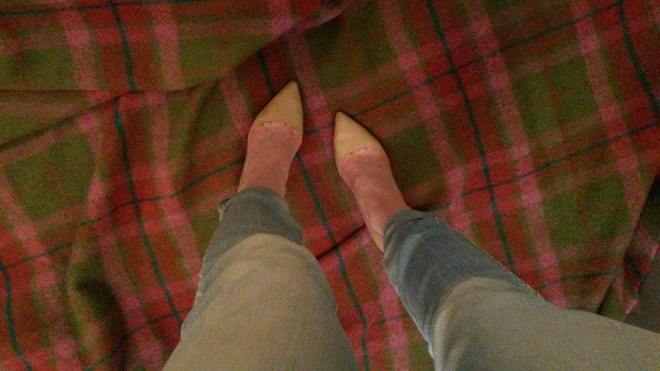 pink stillettos with blue jeans